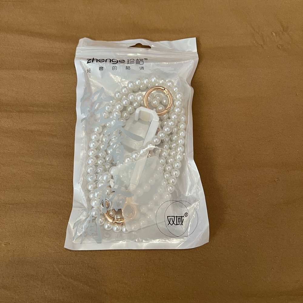 White Pearl Beaded Necklace cross body phone holding strap